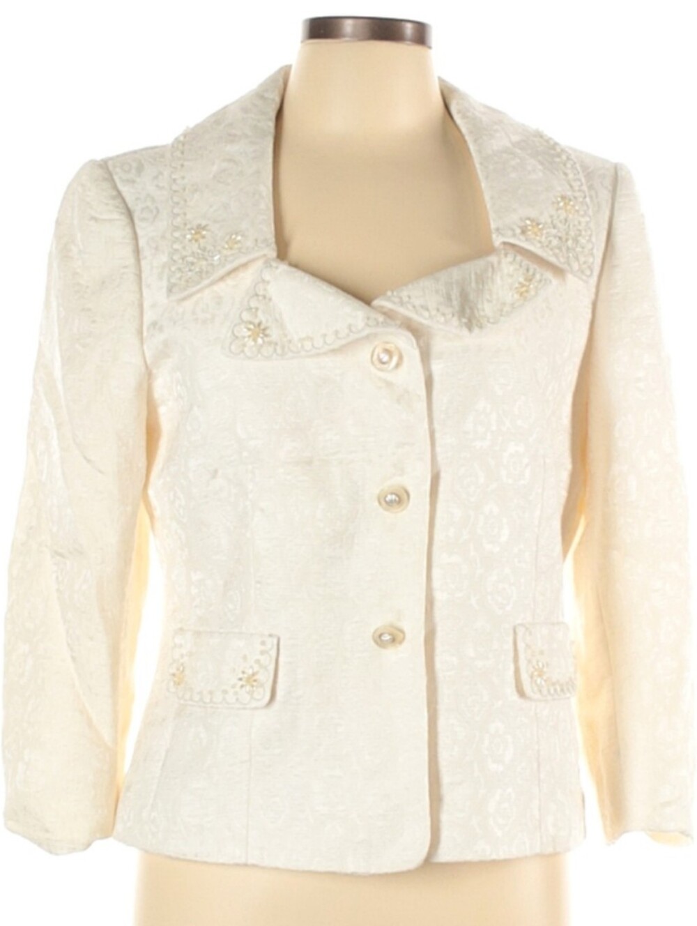 Tahari ASL Ivory Embossed, Beaded And Embroidered Button Blazer Size 12